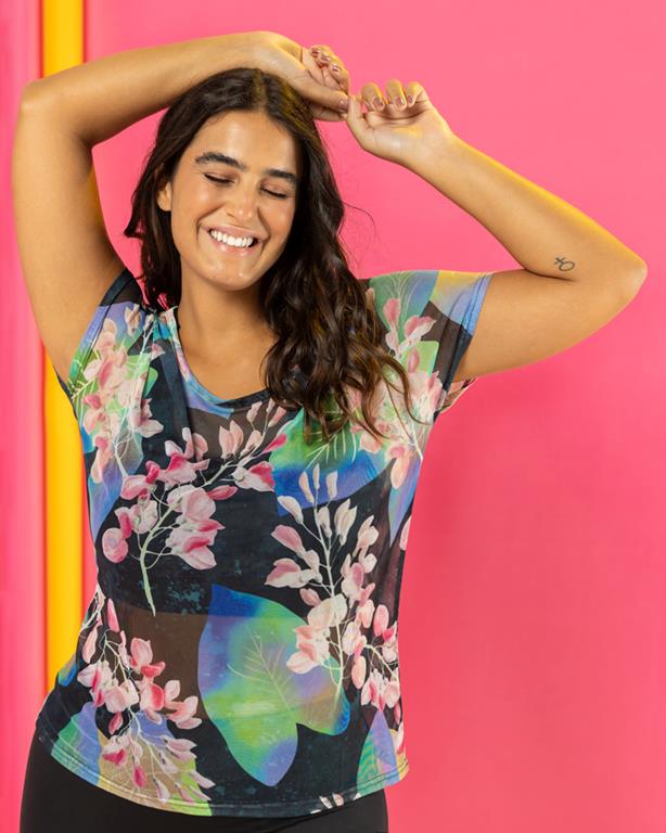 Camiseta Manga Curta Oxer Tule Estampada - Feminina